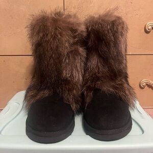 Brown and Black Fox Fur Winter Boots